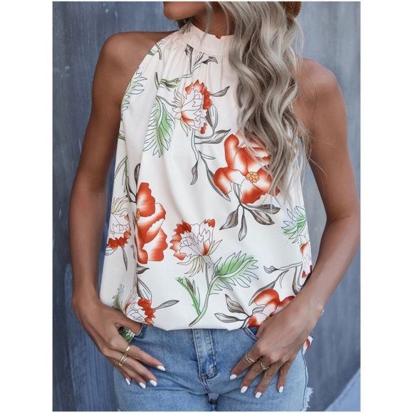 Boho Floral Print Halter Summer Tank Top - Picture 2 of 5